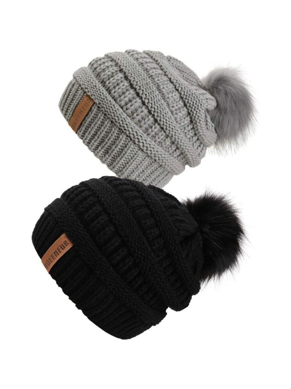 Women Black/Grey 2pack Acrylic Thick Baggy Knit Winter Faux Fur Pompom Beanie